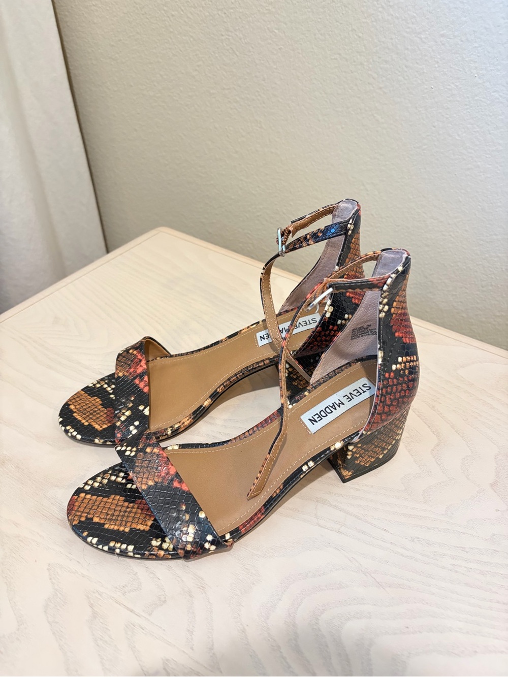 Steve Madden Snake-Print Ankle-Strap Block Heels in Black/Brown/Orange